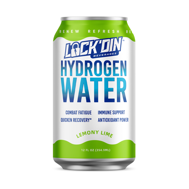 Lemony Lime flavor of LockdIn H2 water shown in crisp can form, promoting clean hydration with light citrus refreshment.